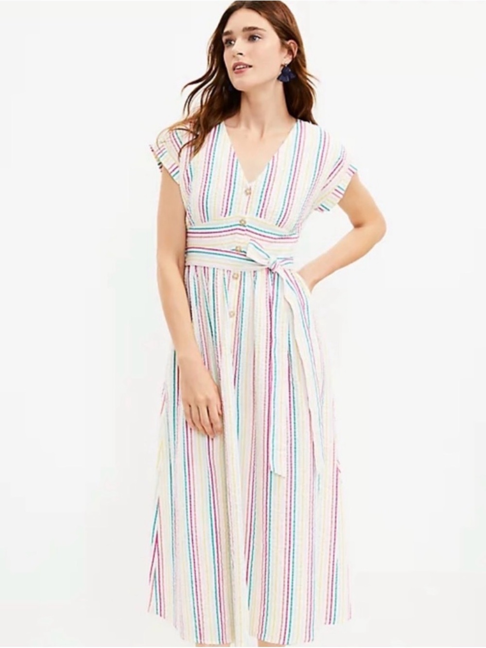 LOFT Seersucker Button Down White  Multicolor Stripes Midi Dress NO BELT